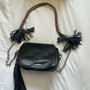 REBECCA MINKOFF LEATHER CHASE CAMERA CROSSBODY SHOULDER BAG navy with silver